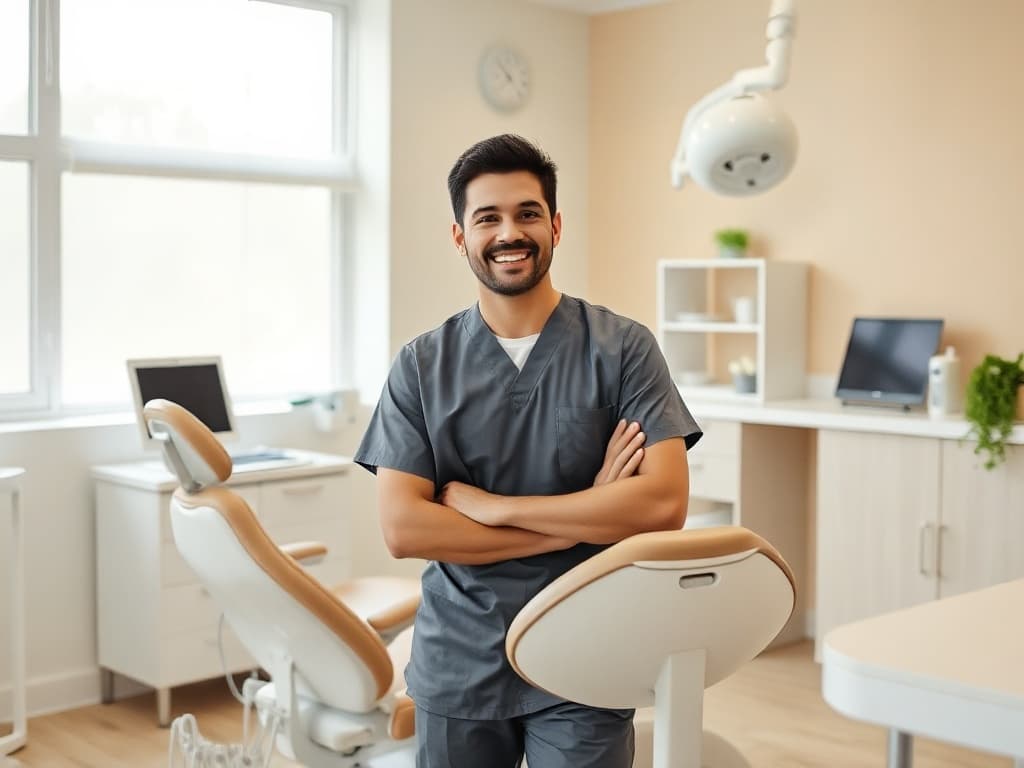 Friendly dentist in scrubs smiling in a modern dental office